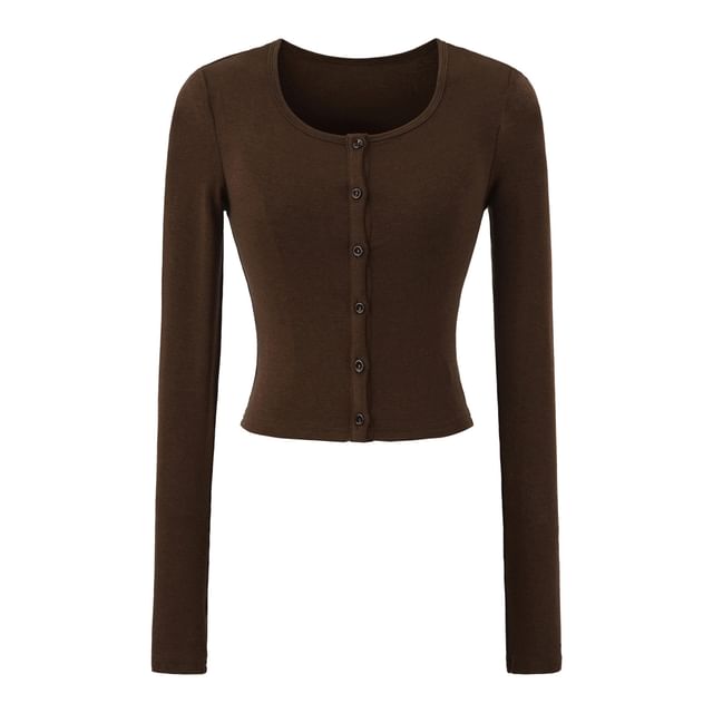 Crew Neck Button-Up Plain Crop Cardigan