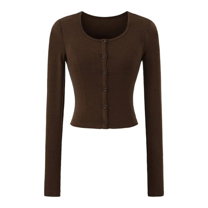 Crew Neck Button-Up Plain Crop Cardigan