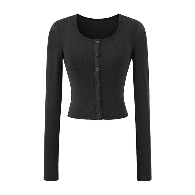Crew Neck Button-Up Plain Crop Cardigan