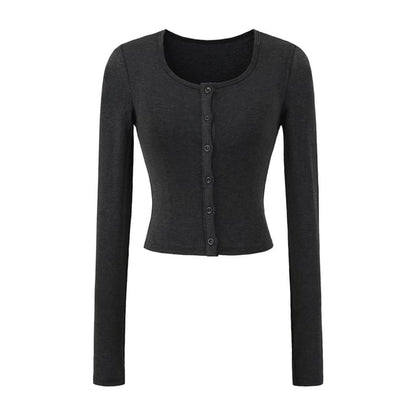 Crew Neck Button-Up Plain Crop Cardigan