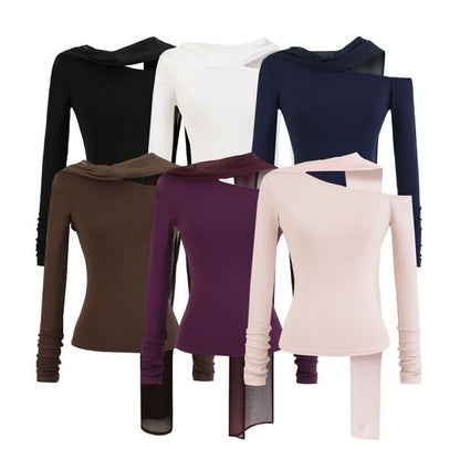 Slim-Fit Off-Shoulder Tee with Asymmetrical Cut and Long Sleeves