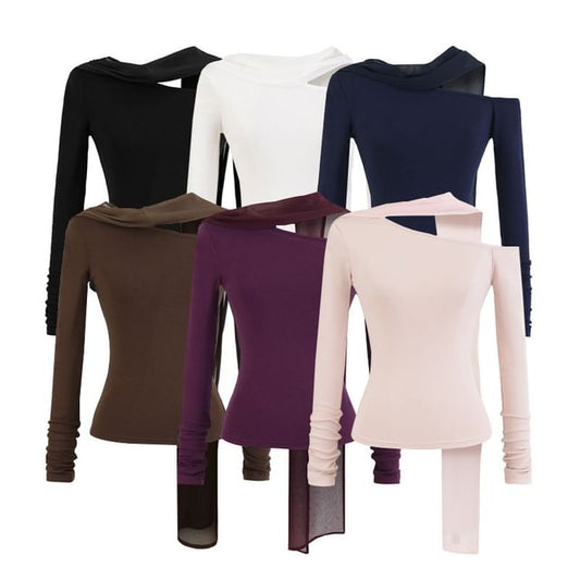 Slim-Fit Off-Shoulder Tee with Asymmetrical Cut and Long Sleeves