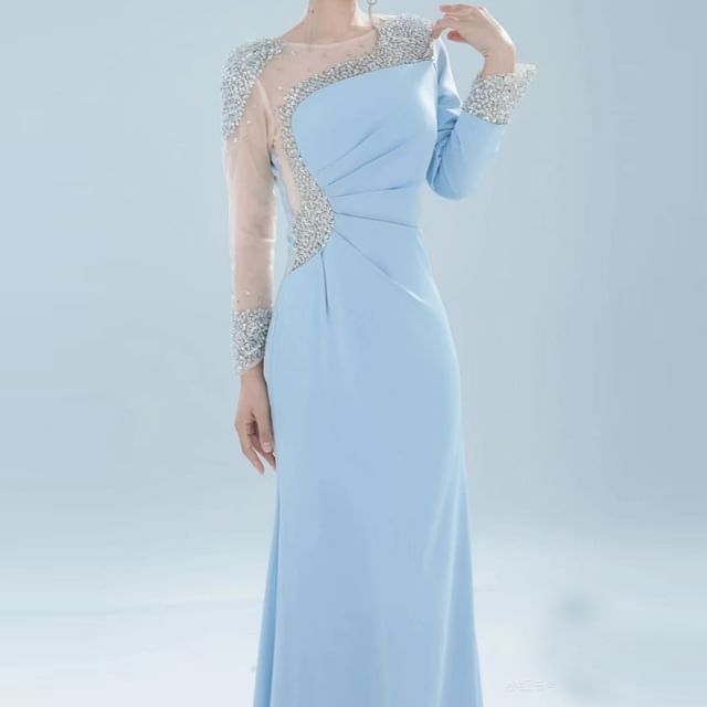 Sheer Long-Sleeve Rhinestone Gown A-Line Panel Evening
