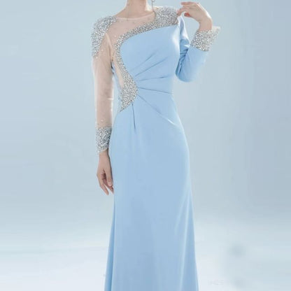 Sheer Long-Sleeve Rhinestone Gown A-Line Panel Evening