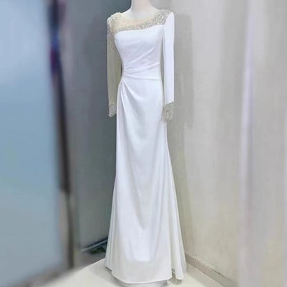 Sheer Long-Sleeve Rhinestone Gown A-Line Panel Evening