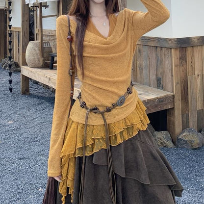Set: Cowl-Neck Crop Top, Lace-Panel Halter Top, Midi A-Line Skirt and Beaded Belt