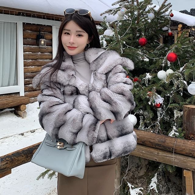 Collared Striped Faux Fur Jacket