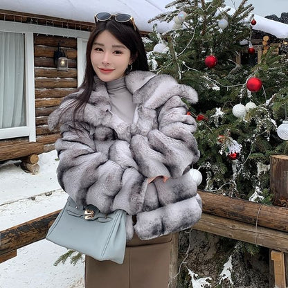 Collared Striped Faux Fur Jacket