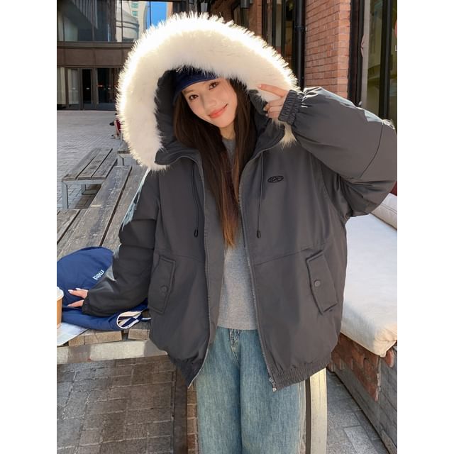 Fluffy Hooded Plain Zip Puffer Jacket