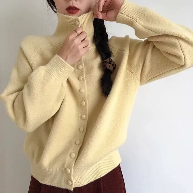 Turtleneck Plain Button Up Cardigan