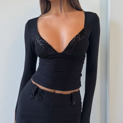 Sequin-Panel Square-Neck Crop Top