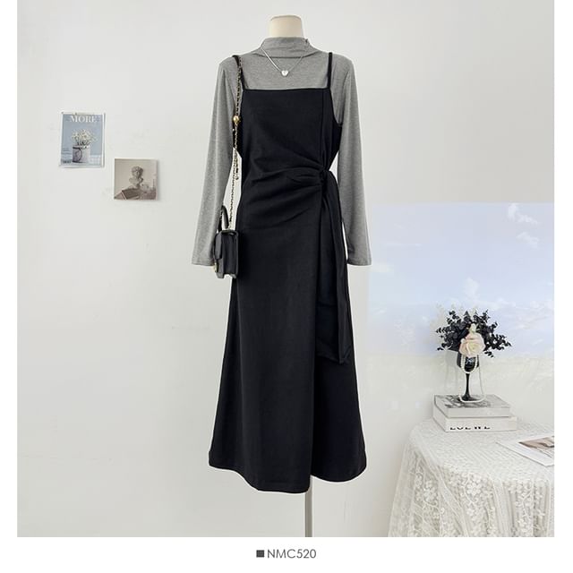 Ensemble: Mock Neck Tee and Tie-Waist Midi Dress