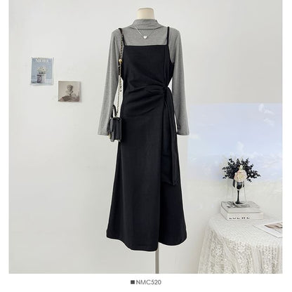 Ensemble: Mock Neck Tee and Tie-Waist Midi Dress
