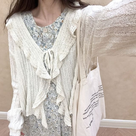 Plain Ruffle Tie Front Cardigan