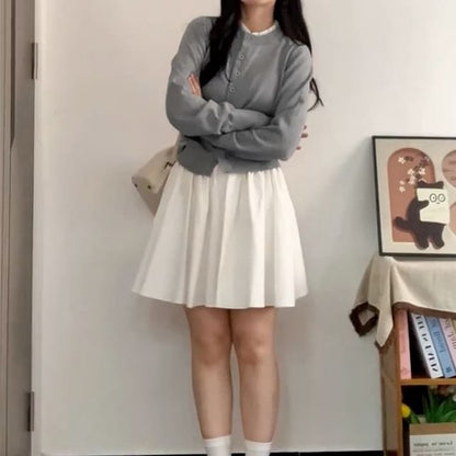 Round Neck Plain Button Up Cardigan / High Waist Mini Pleated Skirt