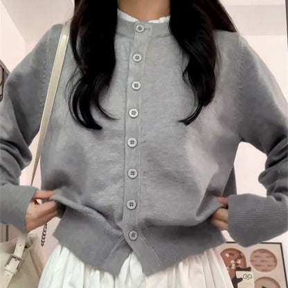 Round Neck Plain Button Up Cardigan / High Waist Mini Pleated Skirt