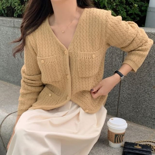 V-Neck Plain Pointelle Button Up Cardigan