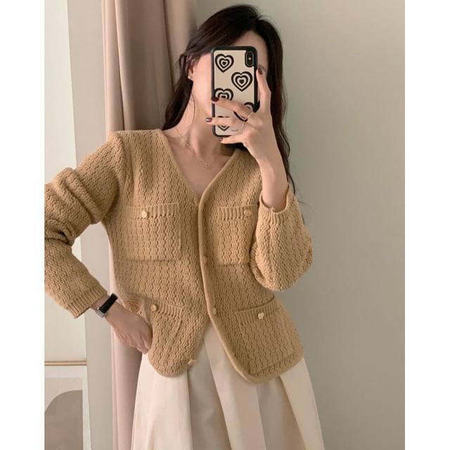 V-Neck Plain Pointelle Button Up Cardigan