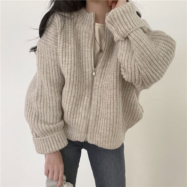 Round Neck Ribbed Zip Cardigan