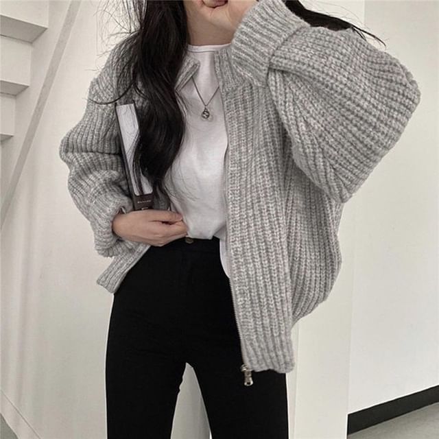 Round Neck Ribbed Zip Cardigan