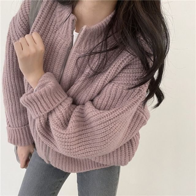 Round Neck Ribbed Zip Cardigan
