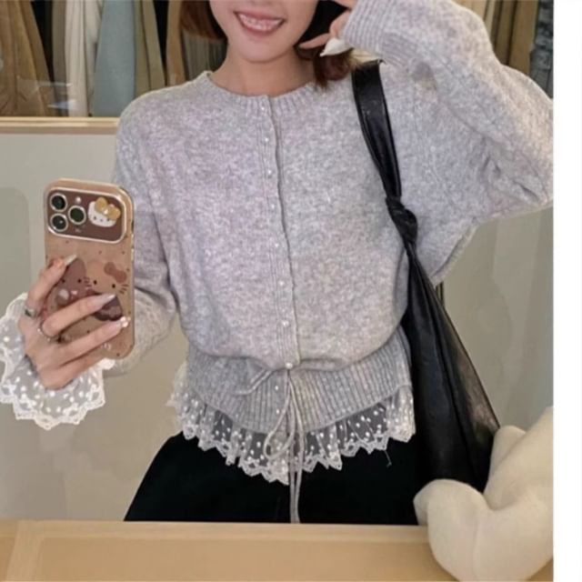 Round Neck Lace Panel Cardigan