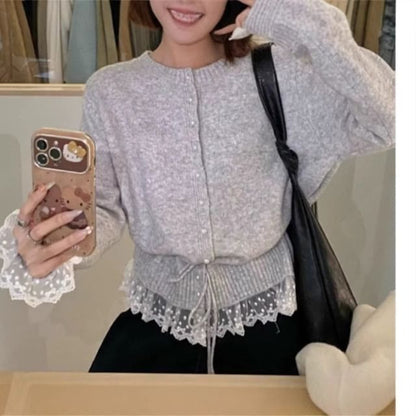 Round Neck Lace Panel Cardigan
