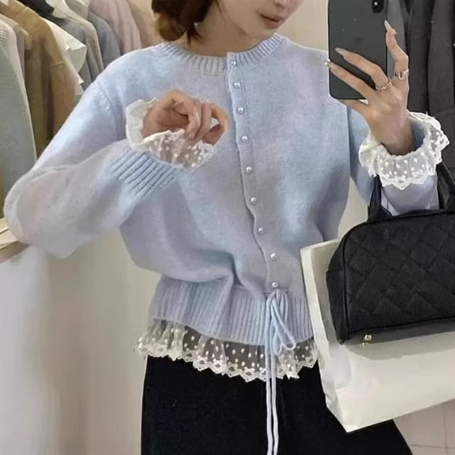 Round Neck Lace Panel Cardigan
