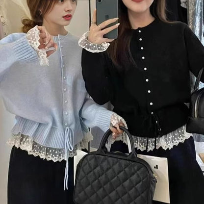 Round Neck Lace Panel Cardigan