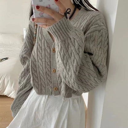V-Neck Plain Cable Knit Cropped Cardigan