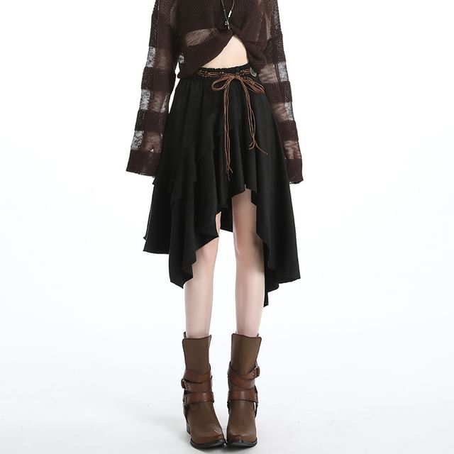Ruffle Trim Asymmetrical Midi A-Line Skirt