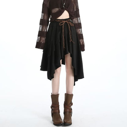 Ruffle Trim Asymmetrical Midi A-Line Skirt
