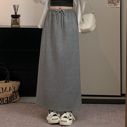 Drawstring Waist Maxi A-Line Skirt