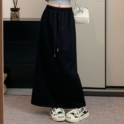 Drawstring Waist Maxi A-Line Skirt