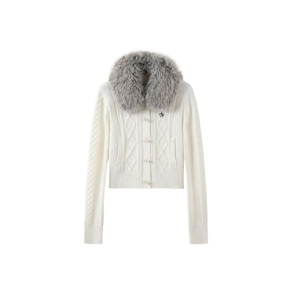 Faux Fur Collar Cable Knit Toggle Cardigan