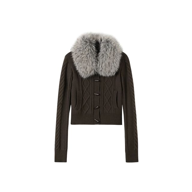 Faux Fur Collar Cable Knit Toggle Cardigan