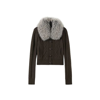 Faux Fur Collar Cable Knit Toggle Cardigan