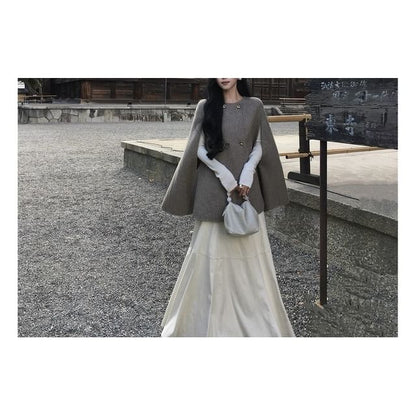 Detachable Faux Fur Collar Plain Double Breasted Cape