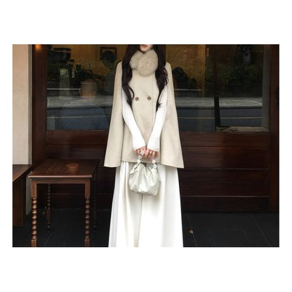 Detachable Faux Fur Collar Plain Double Breasted Cape