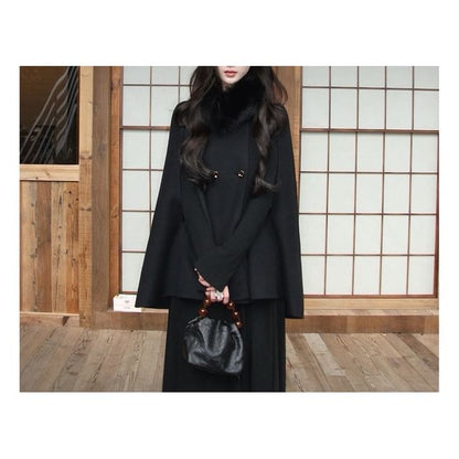 Detachable Faux Fur Collar Plain Double Breasted Cape