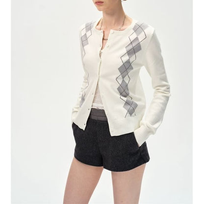 Round Neck Argyle Cardigan