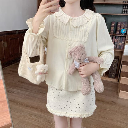 Long-Sleeve Lace Trim Corduroy Blouse