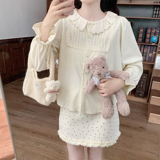 Long-Sleeve Lace Trim Corduroy Blouse