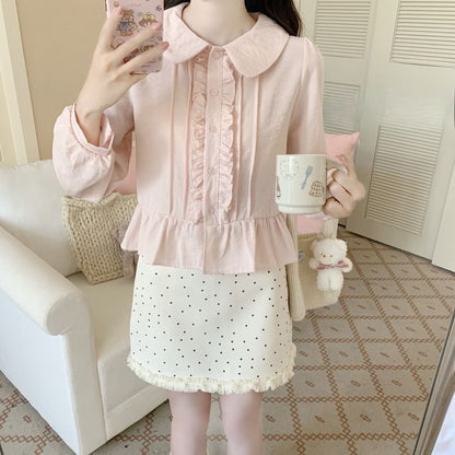Long-Sleeve Pintuck Frill Trim Blouse