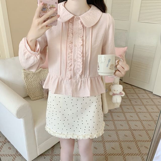 Long-Sleeve Pintuck Frill Trim Blouse