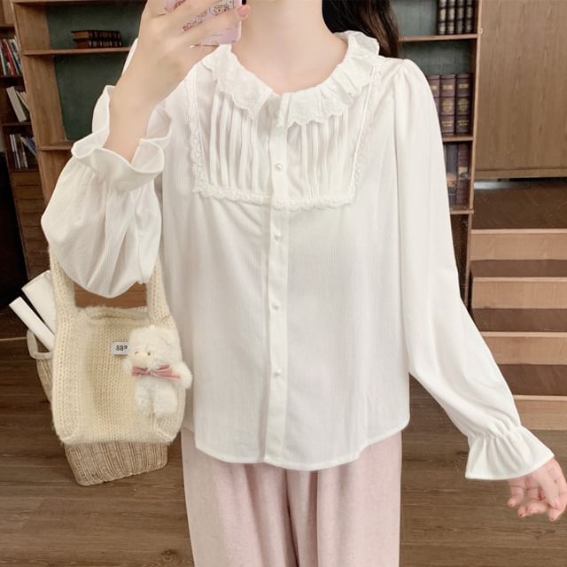 Long-Sleeve Lace Trim Corduroy Blouse