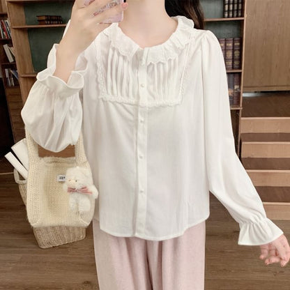 Long-Sleeve Lace Trim Corduroy Blouse