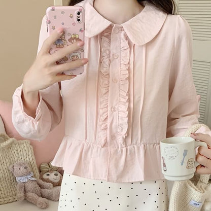 Long-Sleeve Pintuck Frill Trim Blouse