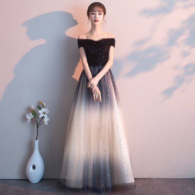 Panel Short Mesh Gown Shoulder Evening Sequin A-Line Gradient Off Sleeve