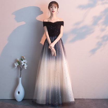 Panel Short Mesh Gown Shoulder Evening Sequin A-Line Gradient Off Sleeve